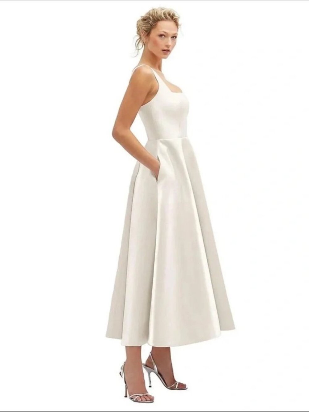 Dessy Collection Ivory Square Neck Satin Midi Dress - Size 6 - Picture 12 of 12